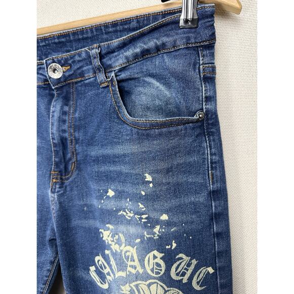 Jeans Wear Blue Denim Graphics High Choice CALAGUC Mens Size 32 Mid Rise Y2K - Picture 3 of 16